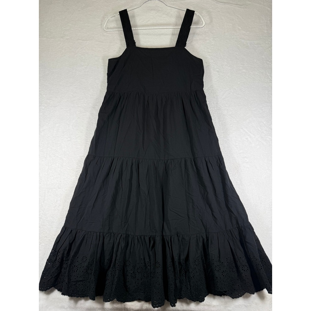 Linda Anderson Black Cotton Eyelet Tiered Maxi Dress Small MD1249 Smocked Back